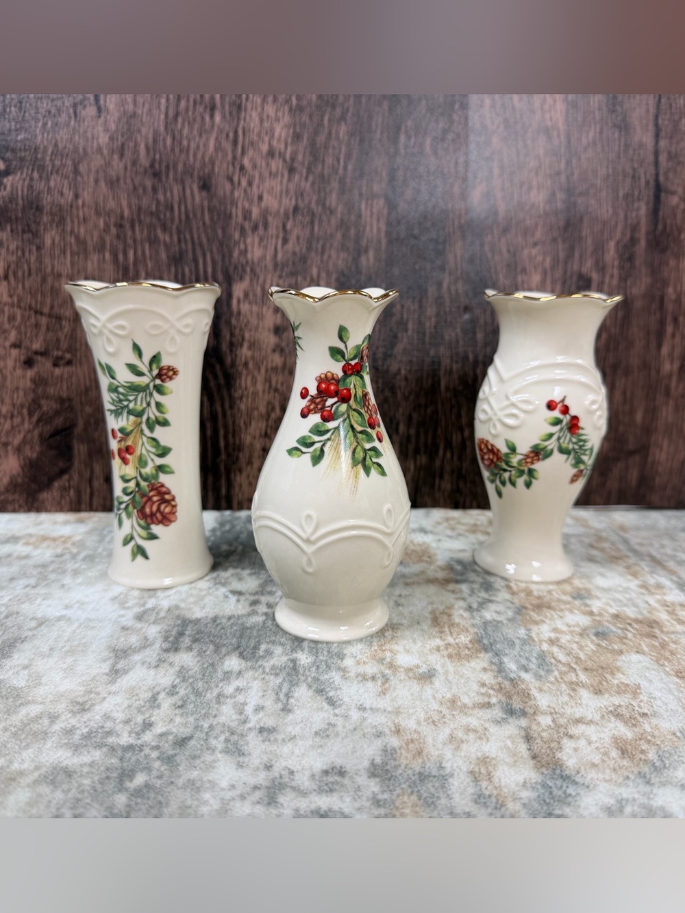 Lenox Williamsburg Boxwood & Pine Set of 3 Bud Vases 5” Christmas Holiday